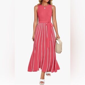 Watermelon with White stripes Sleeveless Maxi
Dress Crewneck Ribbed Knit #R35